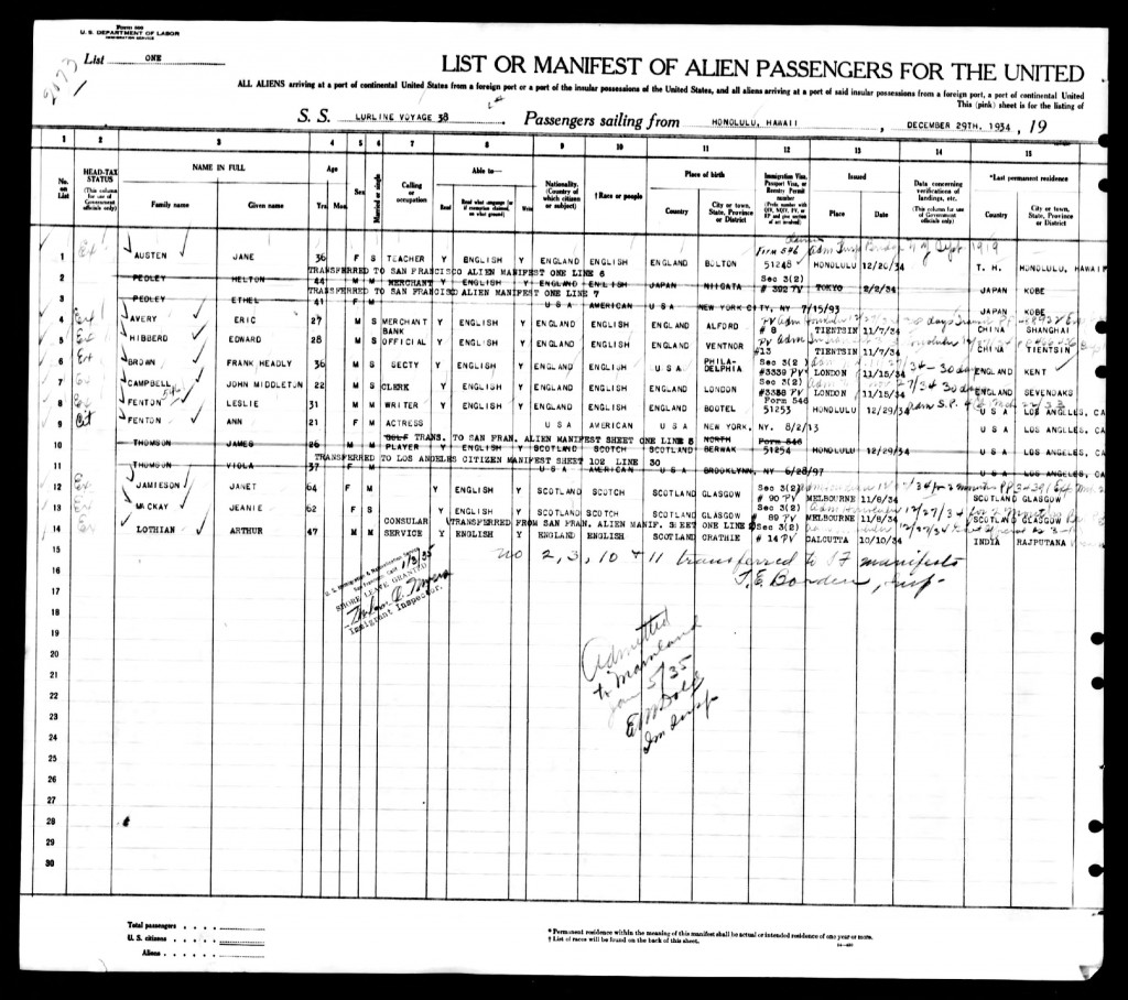 Ship Manifest from January 5, 1935 (Ancestry.com)